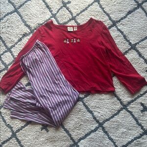 Red Long Sleeve Top and Striped Pajama Pants Set